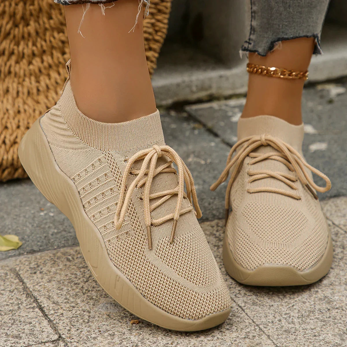 Emmeline Vaudreau | Beige Knit Lace-Up Sneakers for Women