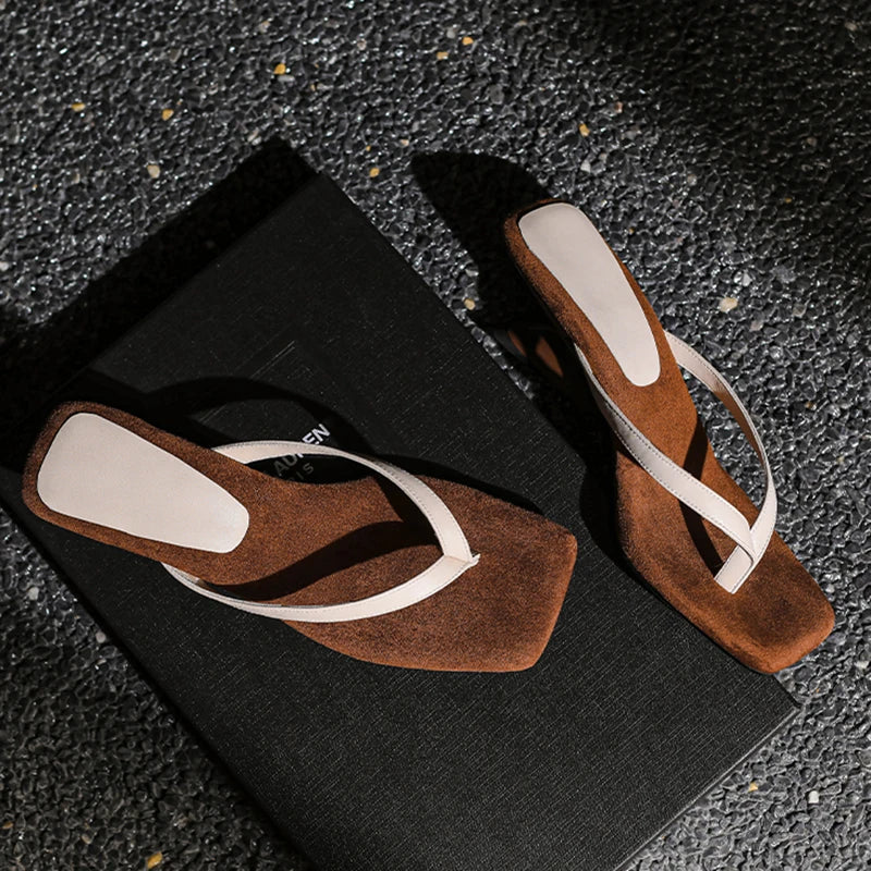 Genevra Holsworth | Brown Suede Thong Heel Sandals