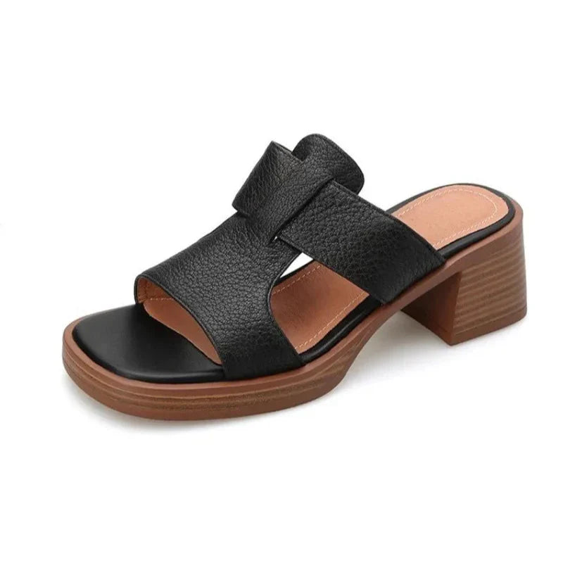 Raffaella Boncourt | Black Leather Block Heel Sandals