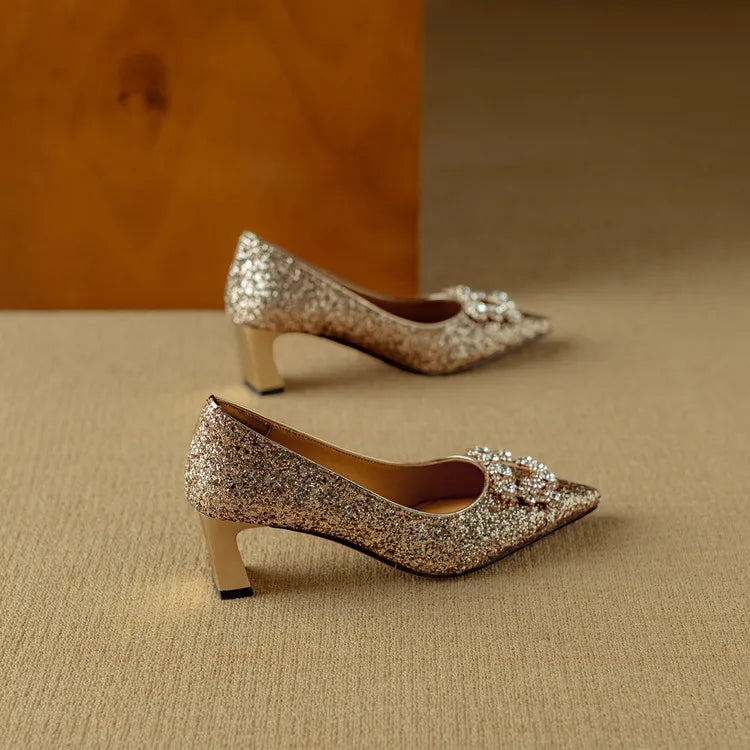 Clarisse Valenthorpe | Gold Glitter Block Heel Pumps with Crystal Buckle