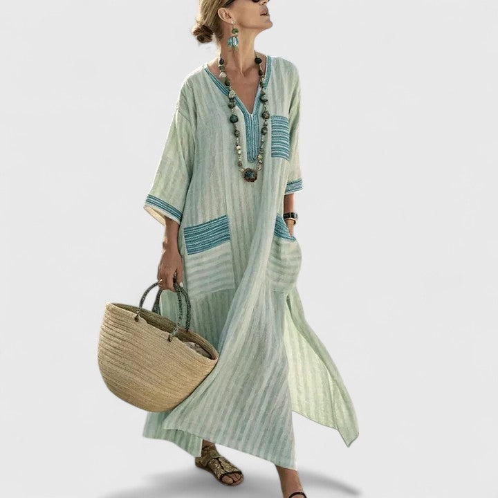 Fleurdelise Montague | V-Neck Striped Linen Maxi Dress with Pockets