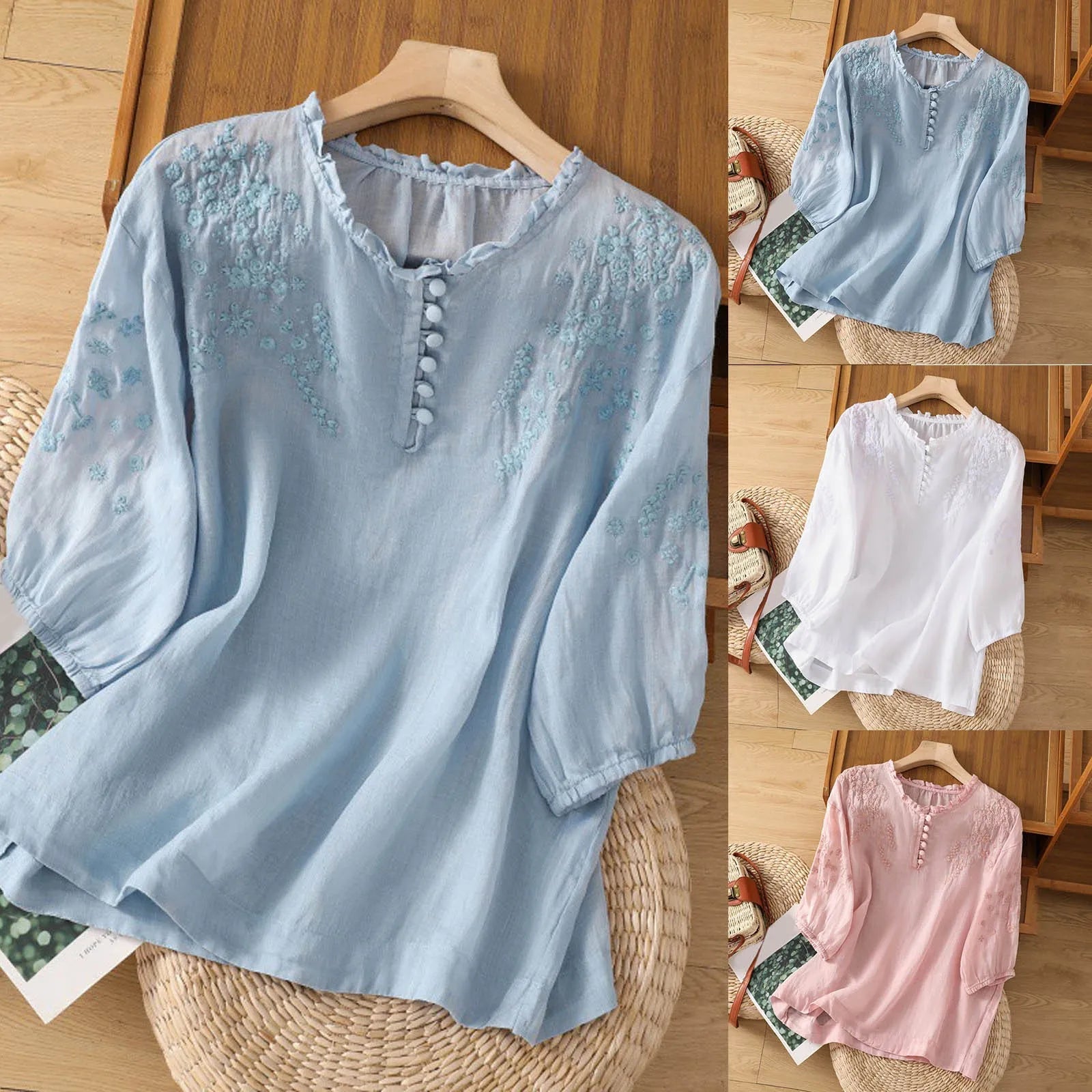 Marguerite Fontclaire | Light Blue Floral Embroidered Blouse