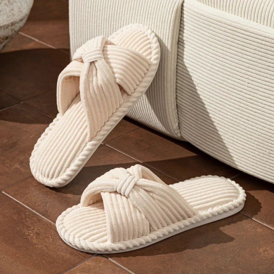 Loretta Wainscroft | Corduroy Bow Slide Slippers in Cream