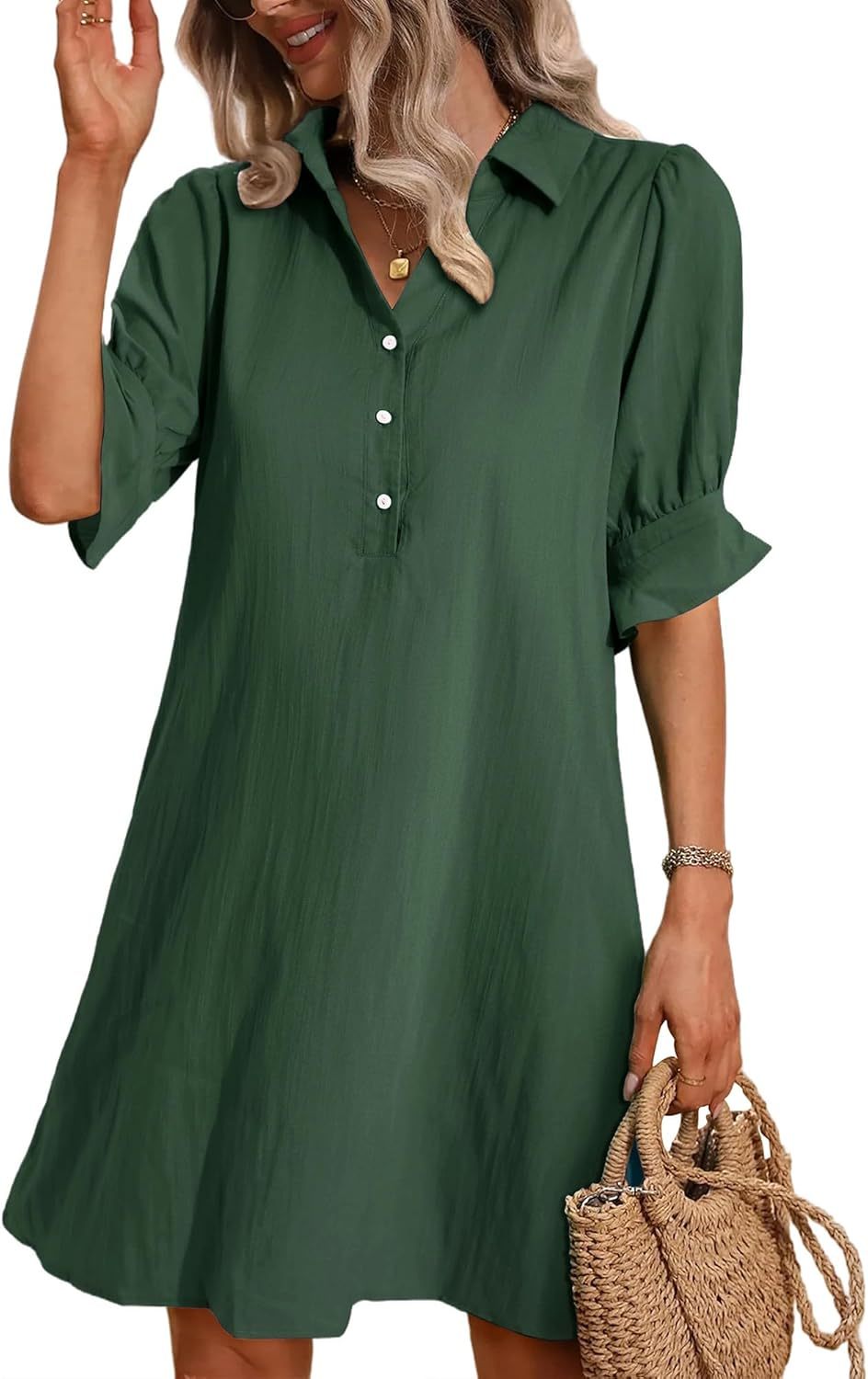 Cecile Wrenthorpe | Black Button-Down Shirt Dress with 3/4 Sleeves