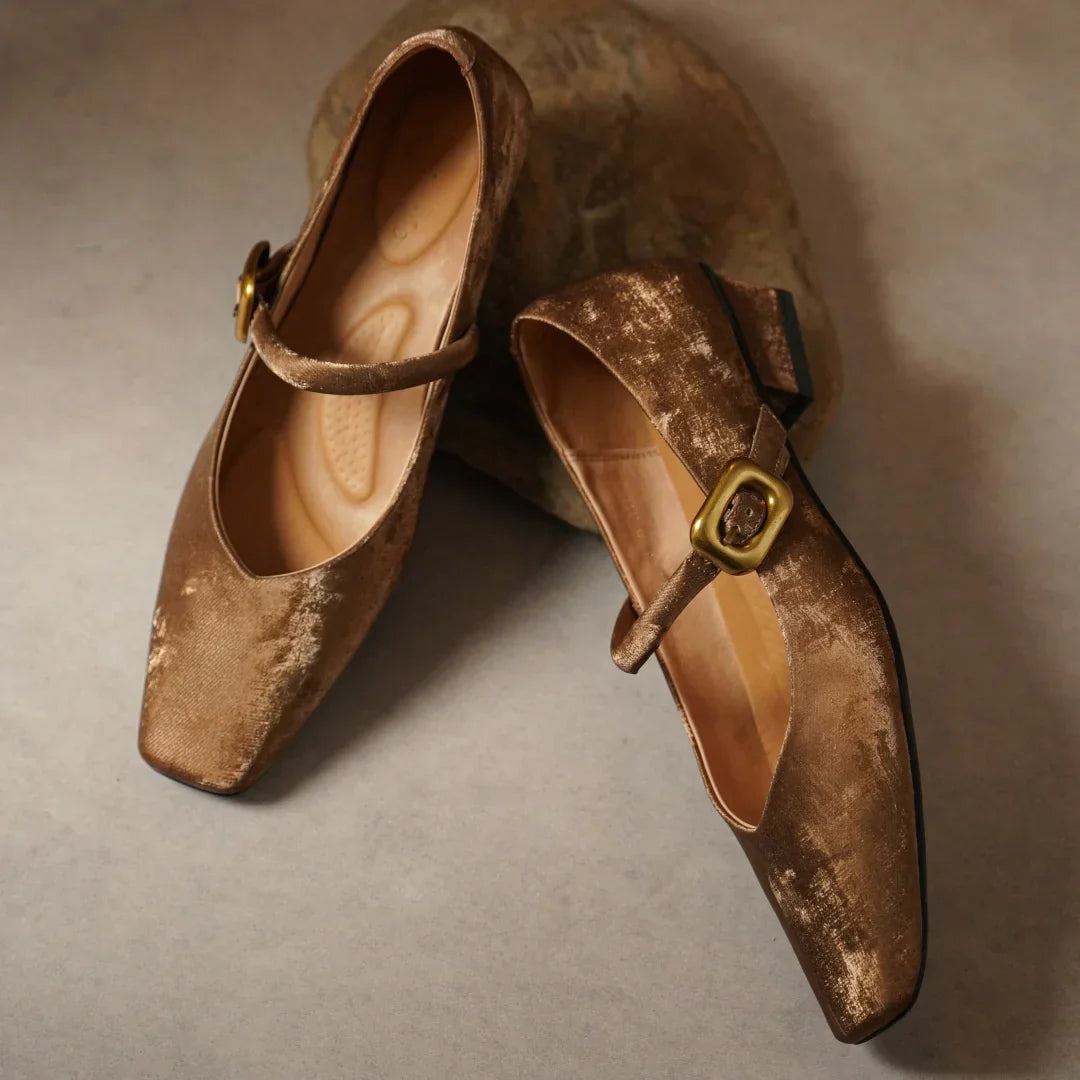 Sylvaine Delcroix | Velvet Mary Jane Heels with Gold Buckle