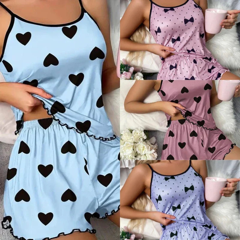 Colette Wyndvale | Heart Print Cami & Shorts Pajama Set in Blue