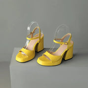 Celestine Brouvard | Yellow Patent Block Heel Sandals