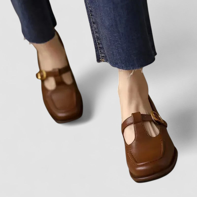 Théodora Valmonte | Orthopedic T-Strap Mary Jane Flats in Brown