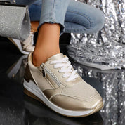 Elara Vanthorpe | Silver Metallic Platform Sneakers with Side Zipper