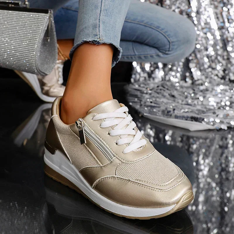 Elara Vanthorpe | Silver Metallic Platform Sneakers with Side Zipper