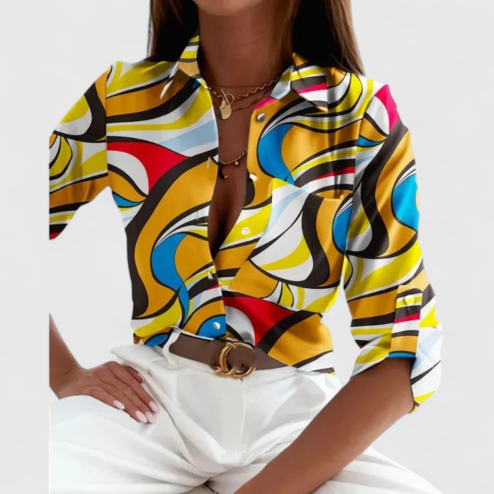 Céleste Vaudreuil | Geometric Print Long Sleeve Button-Up Blouse