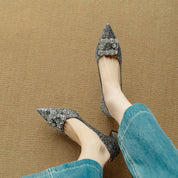 Clarisse Valenthorpe | Gold Glitter Block Heel Pumps with Crystal Buckle