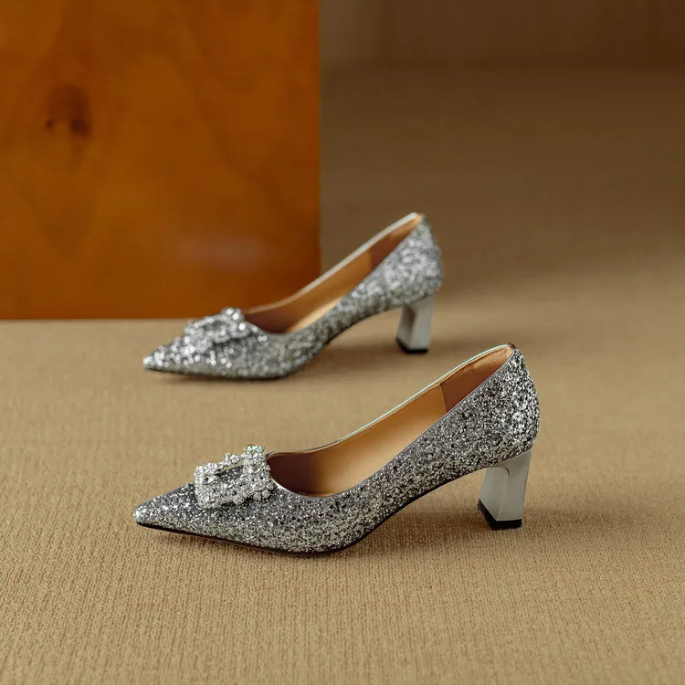 Clarisse Valenthorpe | Gold Glitter Block Heel Pumps with Crystal Buckle