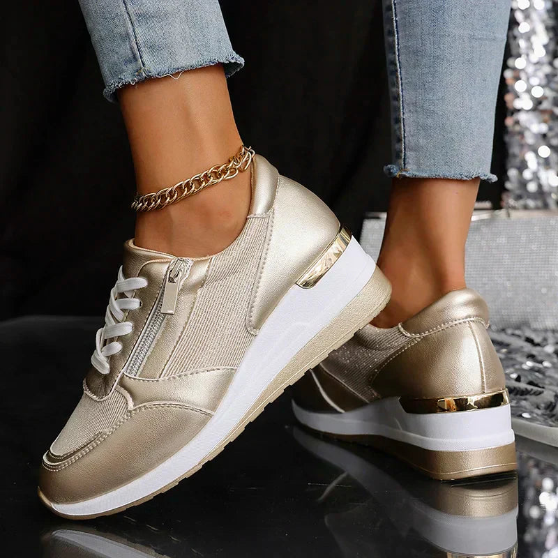Elara Vanthorpe | Silver Metallic Platform Sneakers with Side Zipper