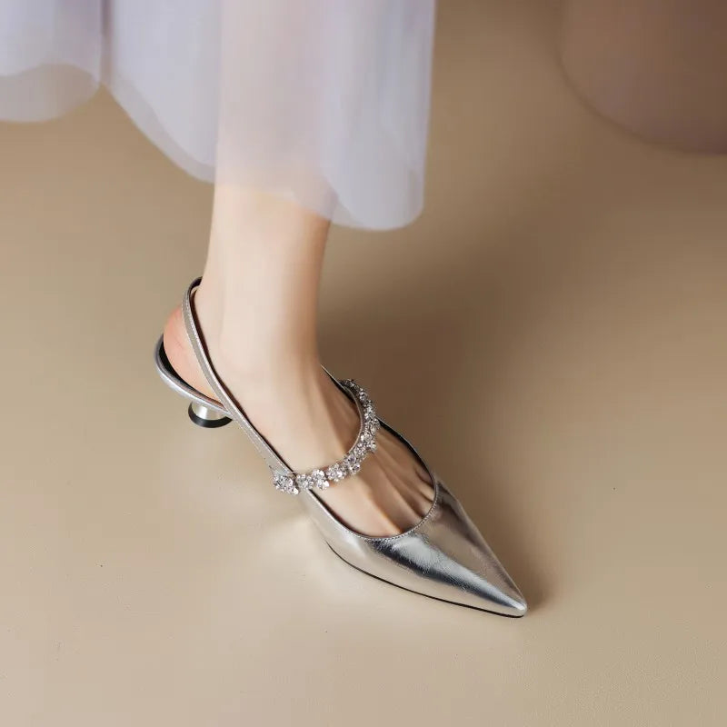 Eloise Sancerre | Silver Crystal Strap Slingback Pointed Toe Heels