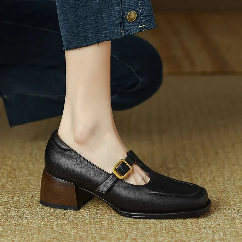 Sylvana Beaumont | Women's T-Strap Mary Jane Shoes Square Toe Low Block Heel