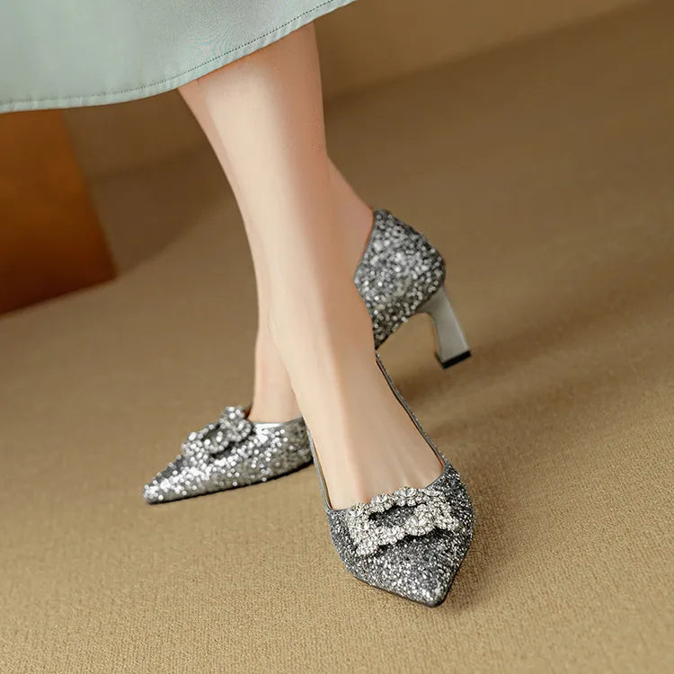 Clarisse Valenthorpe | Gold Glitter Block Heel Pumps with Crystal Buckle