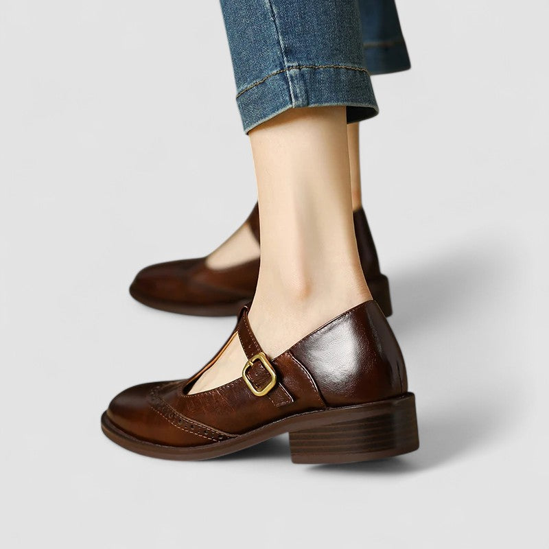 Celestine Browning | Cream Leather T-Strap Brogue Mary Jane Flats