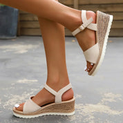 Annalise Devereaux | Beige Platform Wedge Sandals with Ankle Strap
