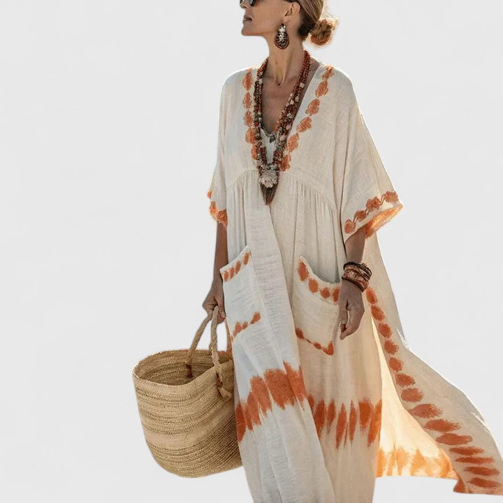 Solange Devereaux | Bohemian Maxi Dress in Cream Linen