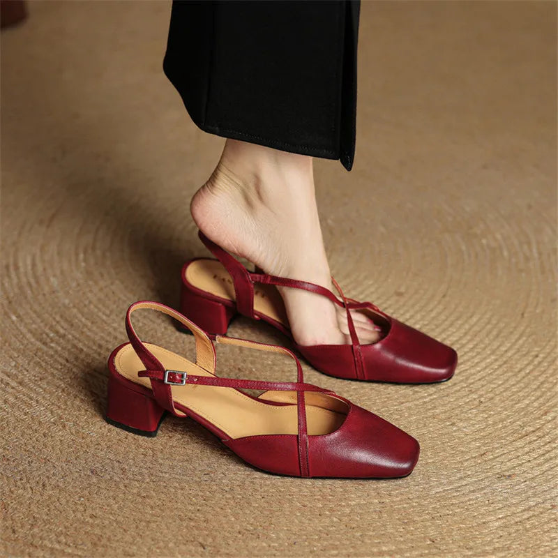 Seraphine Bellecourt | Red Leather Block Heel Slingback Sandals