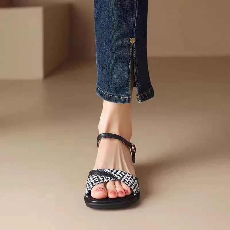 Elspeth Vanbrough | Houndstooth Flat Ankle Strap Sandals