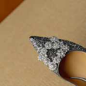Clarisse Valenthorpe | Gold Glitter Block Heel Pumps with Crystal Buckle