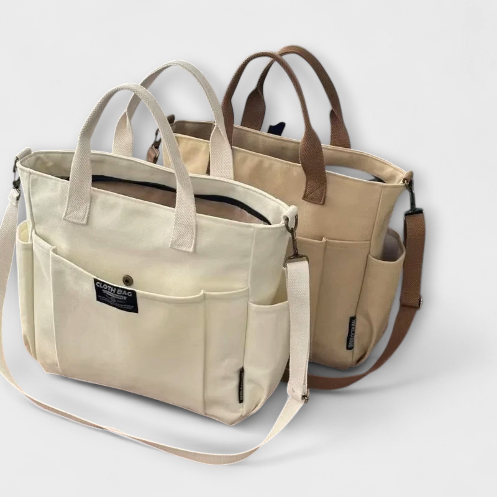 Margot Sinclair | Beige Canvas Tote Shoulder Bag with Multi-Pockets