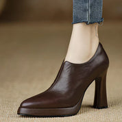 Auriane Blackmoor | Women's Platform Block Heel Pump with Side Zipper in Brown