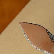 Clarisse Valenthorpe | Gold Glitter Block Heel Pumps with Crystal Buckle