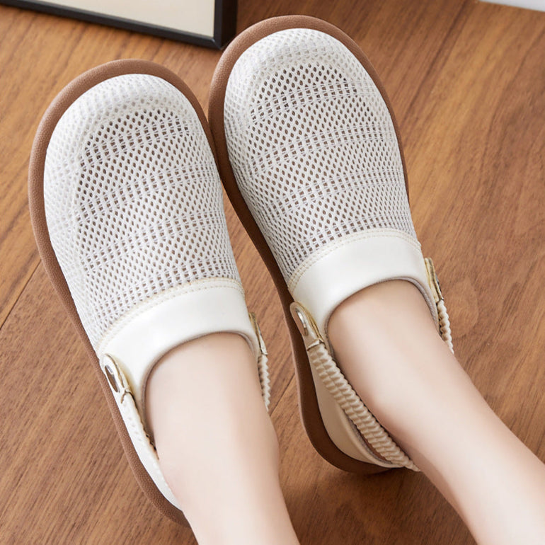 Dorinda Cavendish | Beige Mesh Slip-On Clogs with Heel Strap