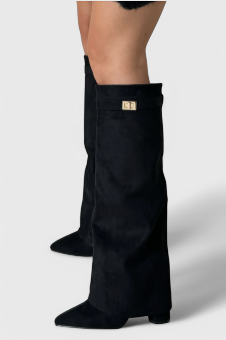 Isolde Farnsworth | Cream Suede Fold-Over Knee-High Boots