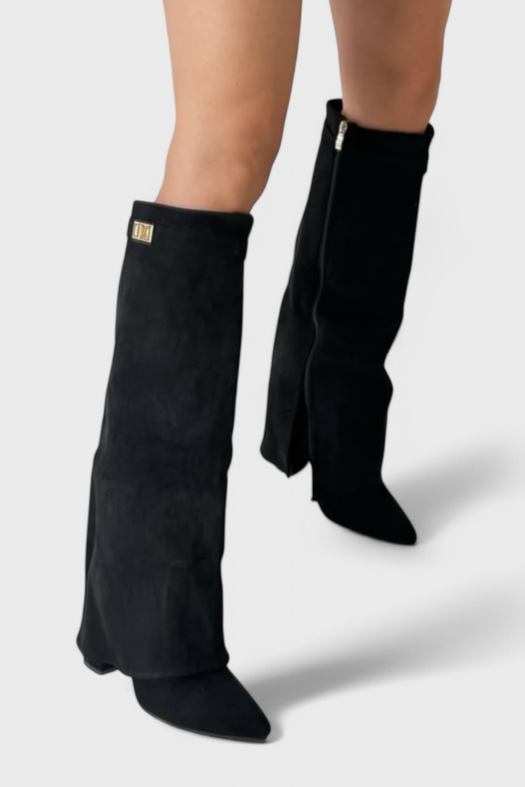 Isolde Farnsworth | Cream Suede Fold-Over Knee-High Boots
