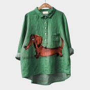 Catalina Beauvois | Purple Cartoon Dog Print Linen Blouse