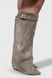 Isolde Farnsworth | Cream Suede Fold-Over Knee-High Boots