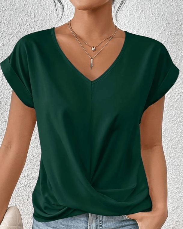 Beatrix Kensington | Women's V-Neck Twist Front Cap Sleeve Top in Forest Green
