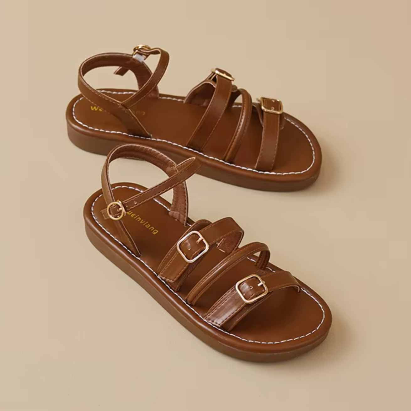 Colette Ravenswood | Brown Leather Triple-Buckle Sandals