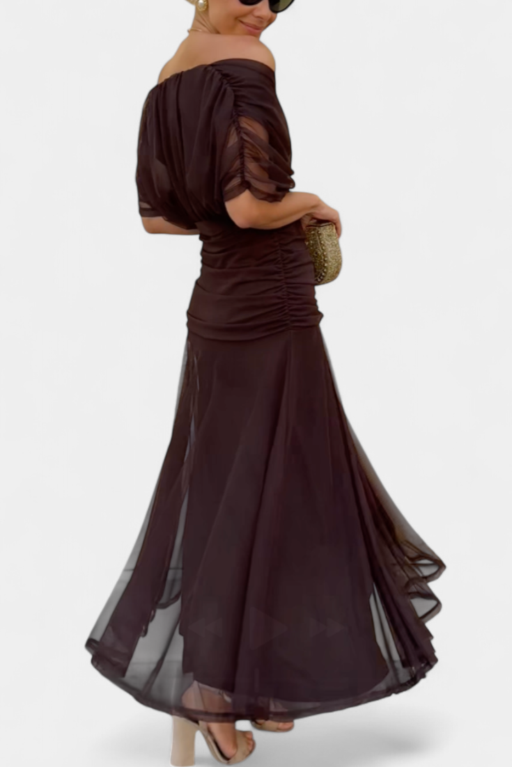 Seraphina Dunvale | Brown Off-Shoulder Ruched Maxi Dress