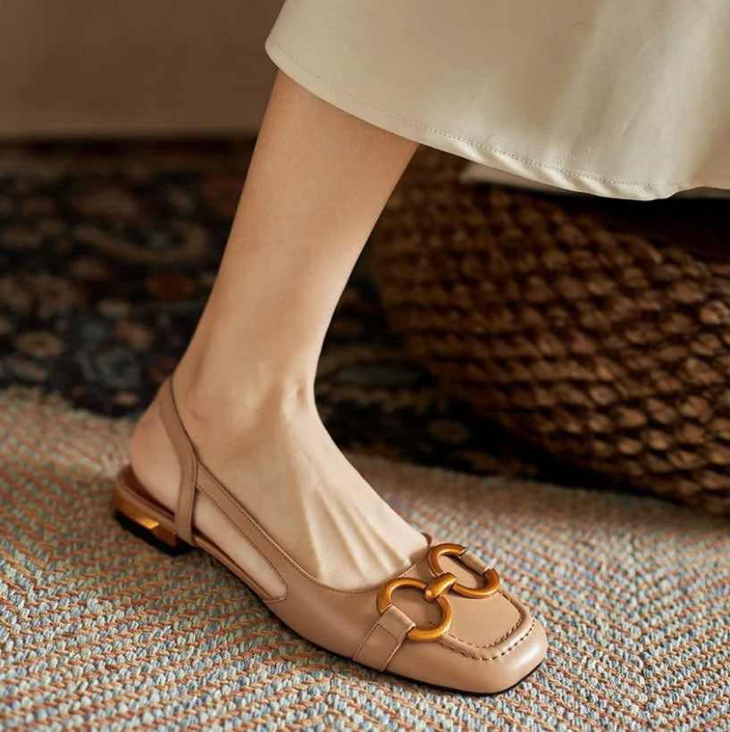 Aurelia Dawnbridge | Navy Blue Suede Slingback Sandals with Gold Buckle
