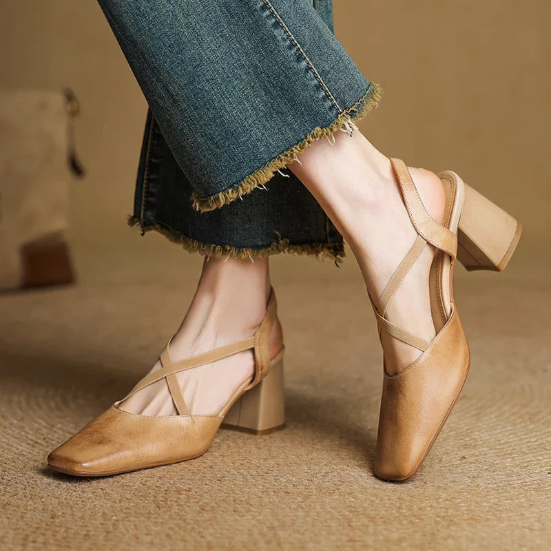 Aurelie Blackmore | Tan Leather Block Heel Slingback Sandal