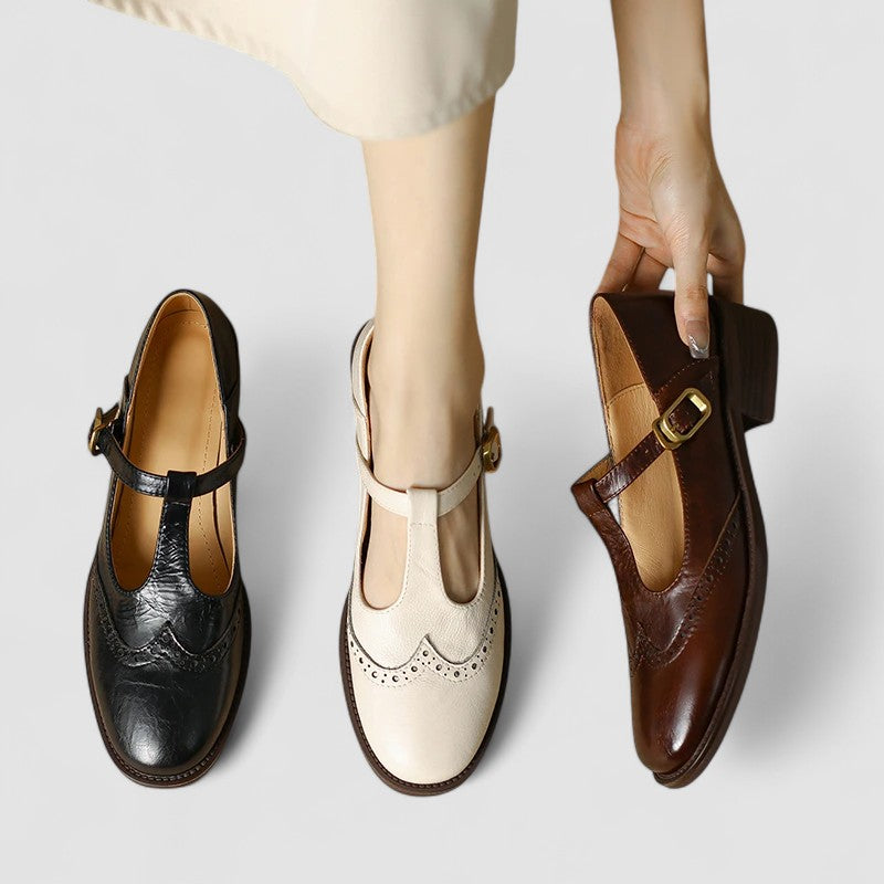 Celestine Browning | Cream Leather T-Strap Brogue Mary Jane Flats