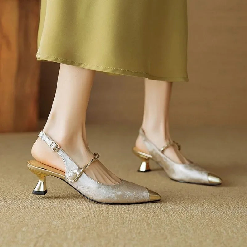 Céleste Morvannes | Green Floral Jacquard Pearl Strap Slingback Kitten Heel