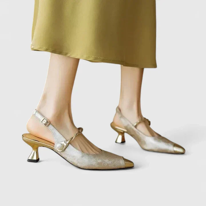 Seraphielle Fontclair | Green Floral Kitten Heel Slingback with Pearl Strap
