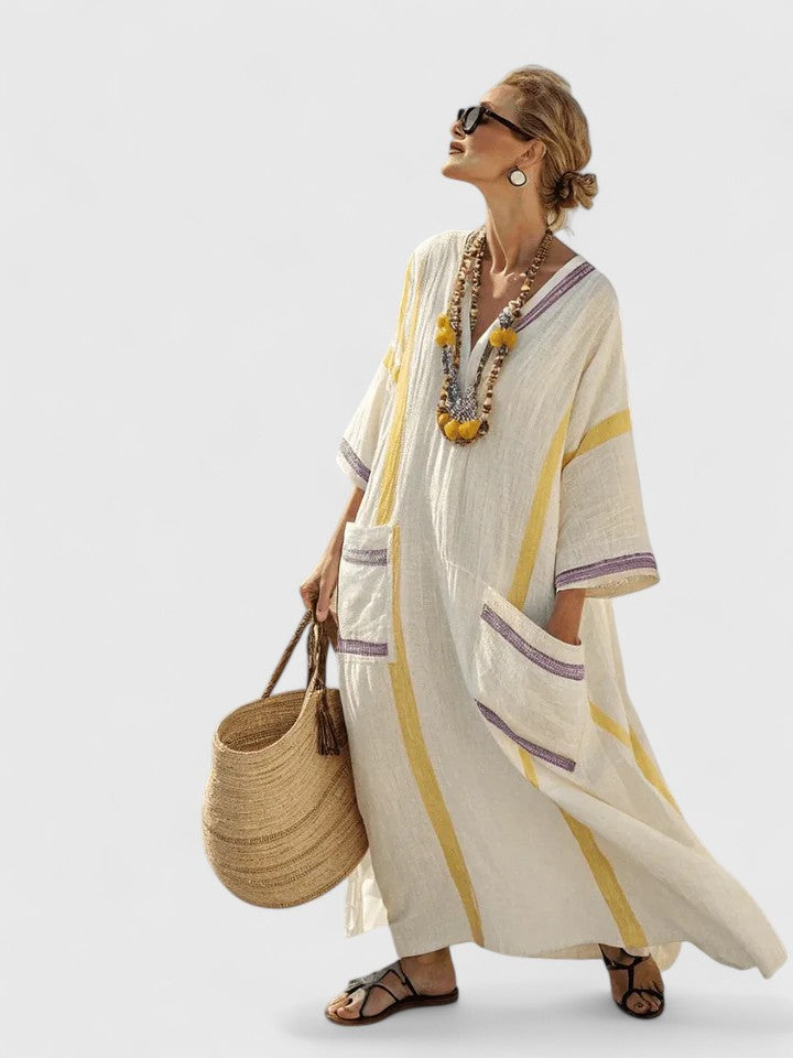 Coralie Deschambault | V-Neck Kaftan Maxi Dress with Stripe Detail