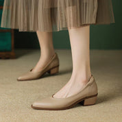 Marianne Delcourt | Beige Pointed Toe Block Heel Slip-On Pumps