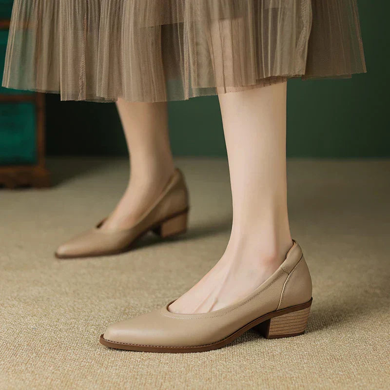 Marianne Delcourt | Beige Pointed Toe Block Heel Slip-On Pumps