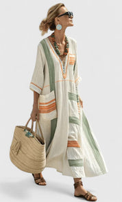 Seraphine Wolvecroft | White Striped V-Neck Maxi Dress