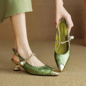 Céleste Morvannes | Green Floral Jacquard Pearl Strap Slingback Kitten Heel