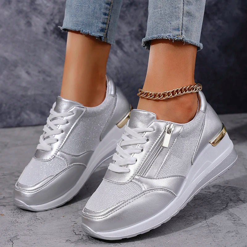 Elara Vanthorpe | Silver Metallic Platform Sneakers with Side Zipper