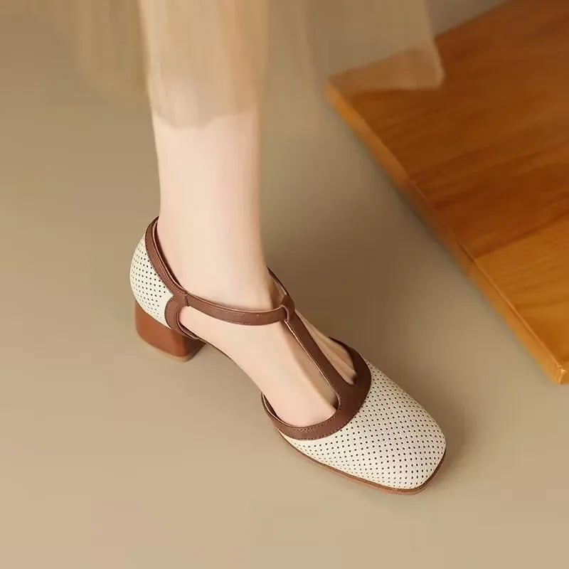 Celestine Beaumont | T-Strap Block Heel Square Toe Pumps